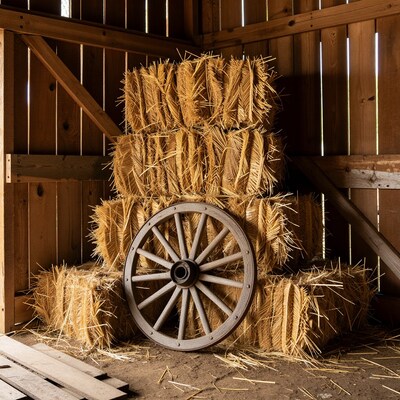 Hay bales and wagon wheel