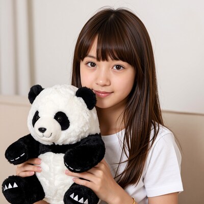 Asian girl hugging panda teddy bear