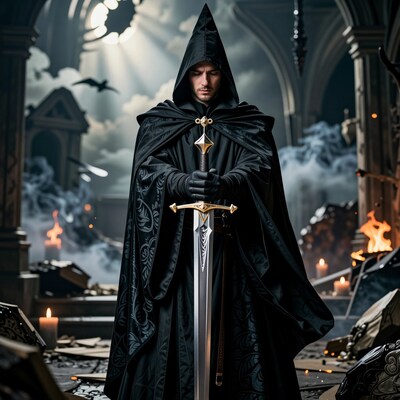 Dark hooded warrior with sword