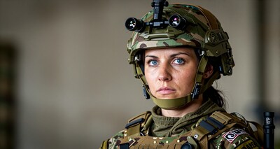 Female soldier in camouflage helmet