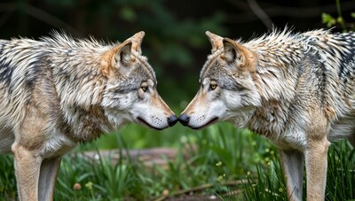 Two Wolves Touching Noses