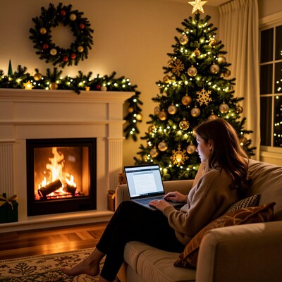 Woman on laptop by Christmas tree