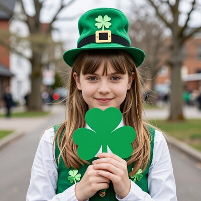 Girl in green leprechaun hat with shamrock