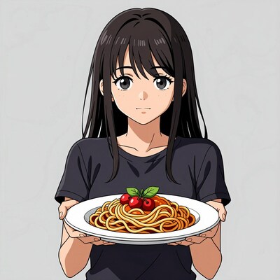 Anime girl holding spaghetti