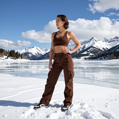 Woman in brown outfit on snowy mountain lake