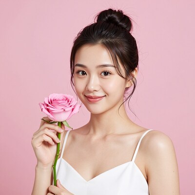 Asian woman with pink rose