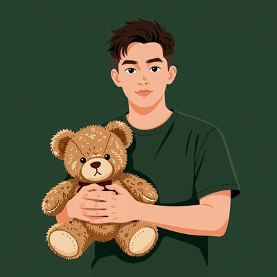 Young man hugging teddy bear