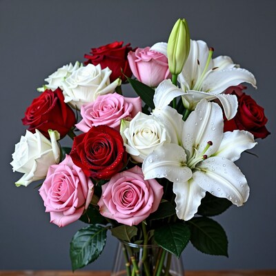 Flower bouquet with roses and lilies