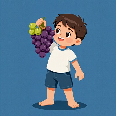 Cartoon boy holding grapes