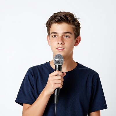 Teen boy singing with microphone