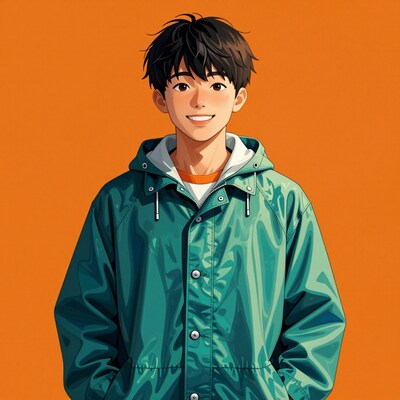 Smiling Asian teen boy in green jacket