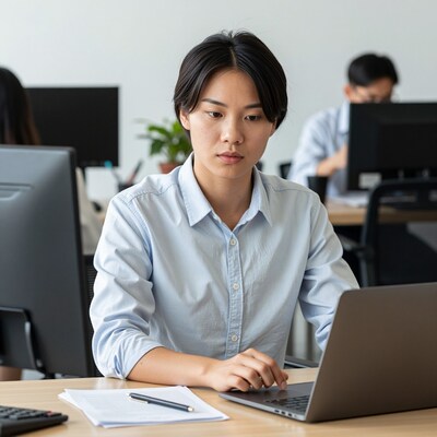 Asian woman working on laptop in office