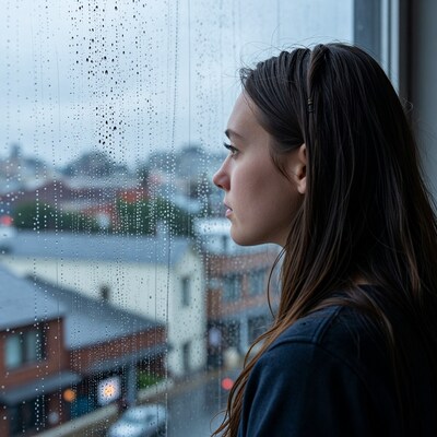 Woman looking out rainy window