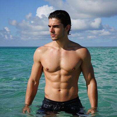 Shirtless man in ocean