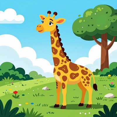 Cartoon Giraffe in Meadow