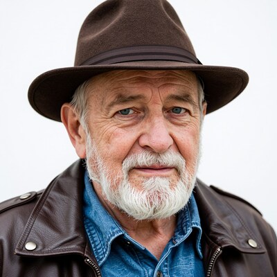 Elderly man with white beard in brown hat