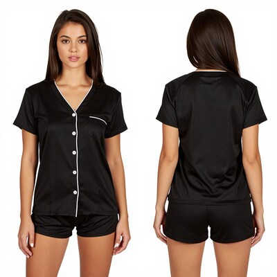 Woman in Black Satin Pajama Set