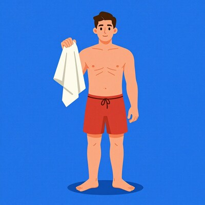 Man with towel in swim trunks
