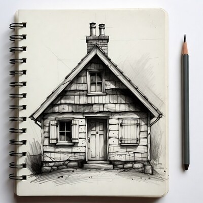 Pencil Sketch of Log Cabin