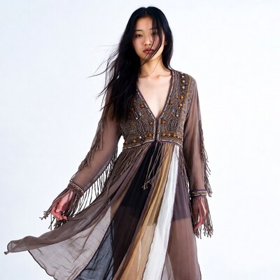 Asian woman in boho fringed dress