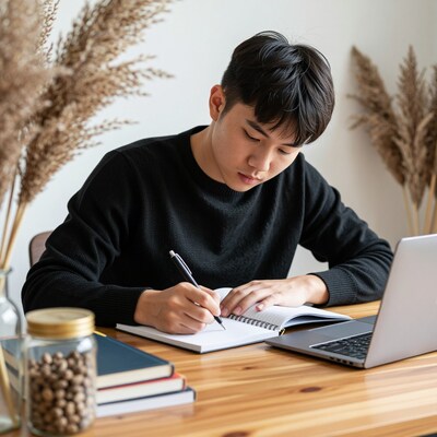 Young Asian man studying at desk