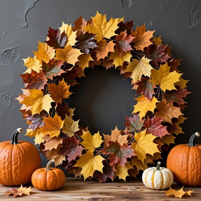 Autumn Maple Leaf Wreath with Pumpkins