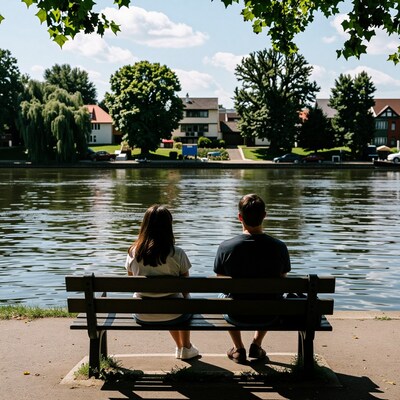 Couple on Park Bench by Lake
