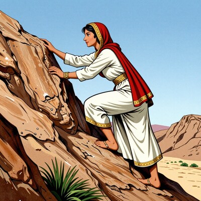 Woman Climbing Rock Desert