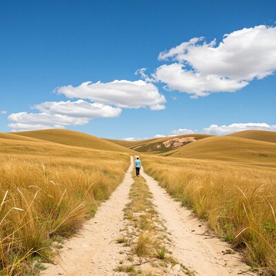 Man Walking Dirt Path in Hills