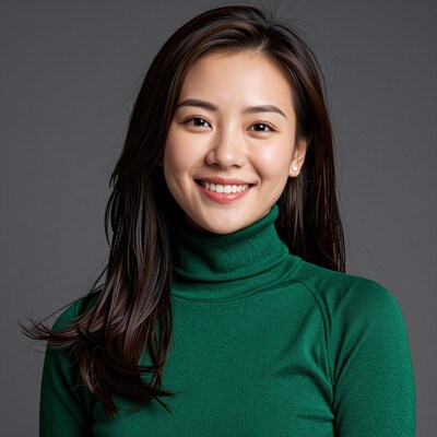 Smiling Asian woman in green turtleneck