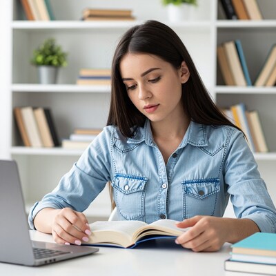 Woman Reading Book at Desk