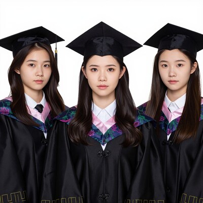 Three Asian female graduates in black gowns