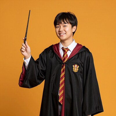 Asian boy in Gryffindor wizard robe with wand