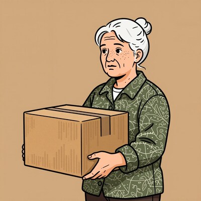 Elderly woman carrying cardboard box