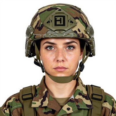 Female soldier in camouflage helmet