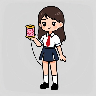 Cartoon Japanese schoolgirl with thread spool