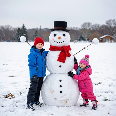 Kids with Snowman in Winter