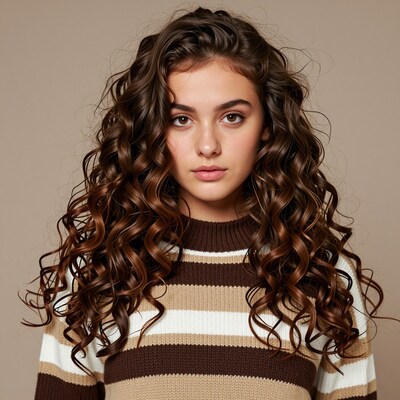 Young woman with long curly brown hair