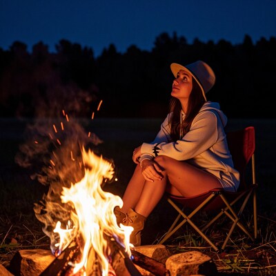 Woman by campfire at night