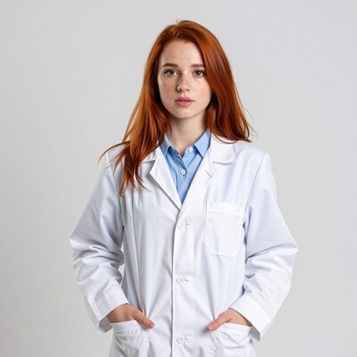 Redhead woman in lab coat