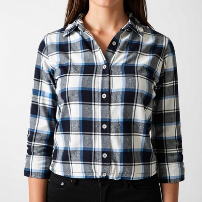 Woman in plaid flannel shirt