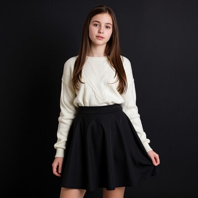 Young woman in white sweater and black skirt