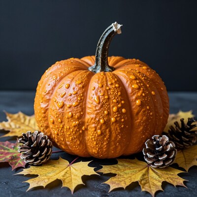 Wet Pumpkin with Pinecones and Autumn Leaves