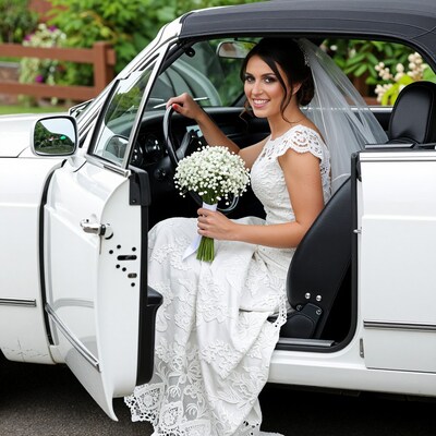 Bride in White Convertible Car