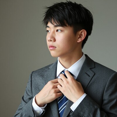 Young Asian man adjusting tie
