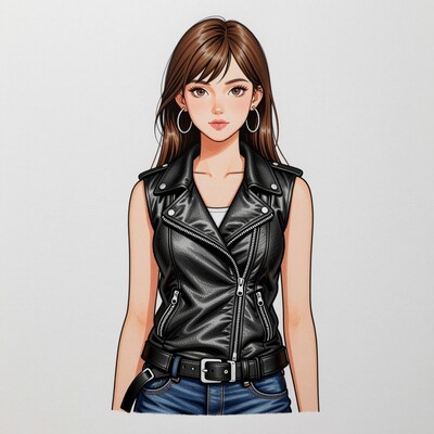 Woman in black leather vest