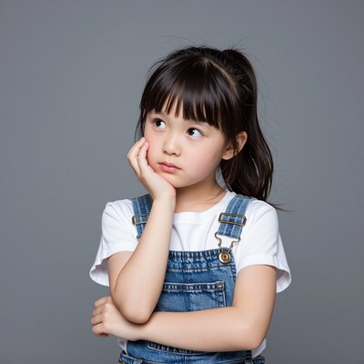 Pensive Asian girl in overalls
