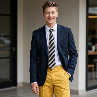 Smiling Young Man in Navy Blazer and Yellow Pants