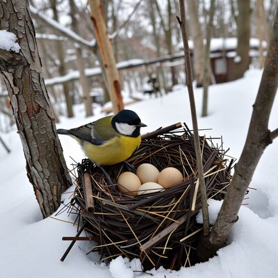 Great Tit Bird on Nest with Eggs in Snow