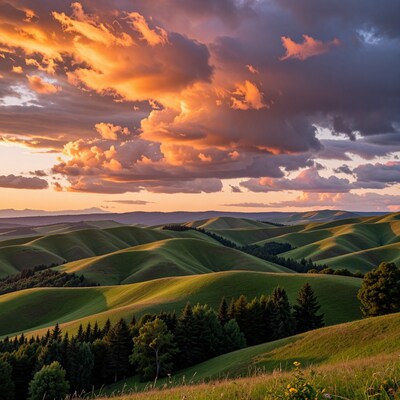 Dramatic sunset over rolling green hills
